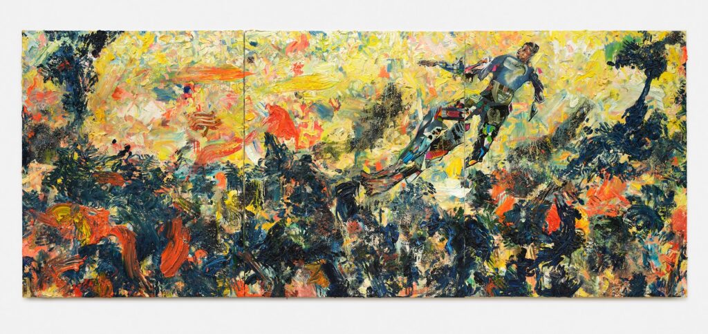 This image depicts an artwork by Mario Joyce titled "He Hears Echoes." This artwork was created in 2024 and measures Triptych: 72" x 60" [HxW] (182.88 x 152.4 cm) each. Its medium is Soil, vintage collage, oil paint, acrylic paint, pastel on canvas.