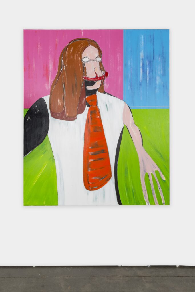 This image depicts an artwork by Nicola Tyson titled "Self-Portrait: Red Tie." This artwork was created in 2016 and measures 72" x 60" [HxW] (182.88 x 152.4 cm). Its medium is Acrylic on canvas.