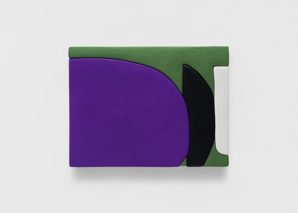 This image depicts an artwork by Sadie Benning titled "12 x 16, L." This artwork was created in 2023-2024 and measures 12" x 16" [HxW] (30.48 x 40.64 cm). Its medium is Wood, aqua resin, casein, and acrylic gouache.