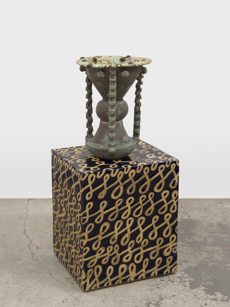 This image depicts an artwork by Bari Ziperstein titled "Support Structure." This artwork was created in 2025 and measures 15 ¹⁄₂" x 12" x 12" [HxWxD] (39.37 x 30.48 x 30.48 cm). Its medium is Stoneware and glaze.