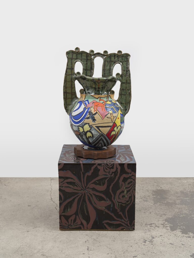This image depicts an artwork by Bari Ziperstein titled "Fawns and Tall Arches." This artwork was created in 2025 and measures 25" x 15" x 13" [HxWxD] (63.5 x 38.1 x 33.02 cm). Its medium is Stoneware and glaze on walnut.