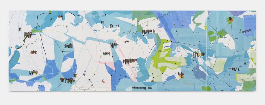 This image depicts an artwork by Hugo McCloud titled "Dislocated Origins." This artwork was created in 2022 - 2024 and measures Approx: 90" x 282" x 2 ¹⁄₄" [HxWxD] (228.6 x 716.28 x 5.71 cm). Its medium is Single use plastic merchandise bags on wood panel.