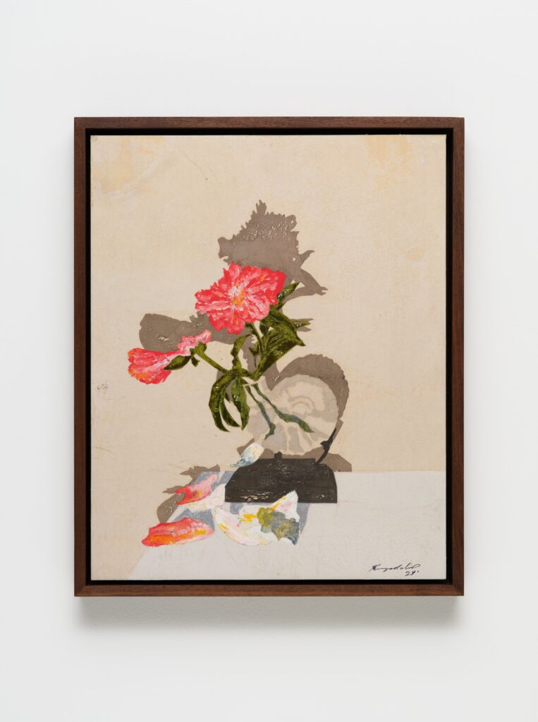 This image depicts an artwork by Hugo McCloud titled "Untitled." This artwork was created in 2024 and measures 20" x 16" [HxW] (50.8 x 40.64 cm)21 ¹⁄₂" x 17 ¹⁄₂" x 2" [HxWxD] (54.61 x 44.45 x 5.08 cm) framed. Its medium is Single use plastic merchandise bags and oil on panel.
