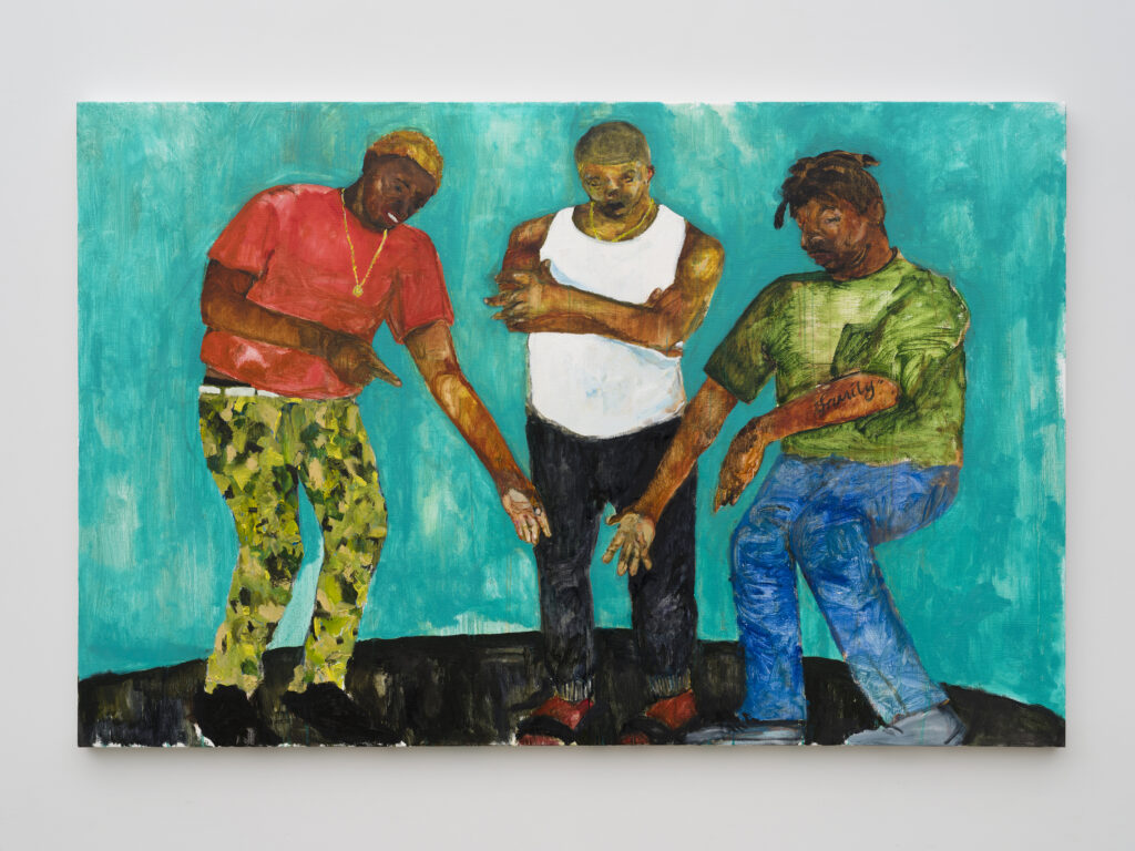 This image depicts an artwork by Jared McGriff titled "the inherent risk of surviving infancy, in trio." This artwork was created in 2025 and measures 42" x 64" [HxW] (106.68 x 162.56 cm). Its medium is Oil on canvas.