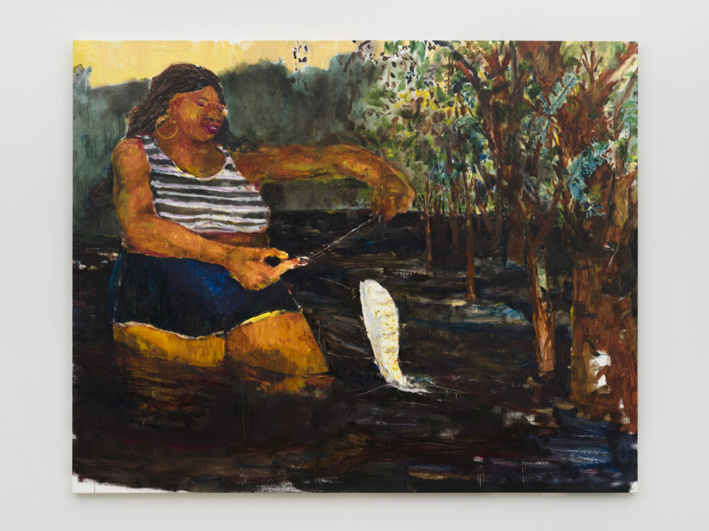 This image depicts an artwork by Jared McGriff titled "the superstitious, the unsuspecting, and the source." This artwork was created in 2024 and measures 60" x 75" [HxW] (152.4 x 190.5 cm). Its medium is Oil on canvas.