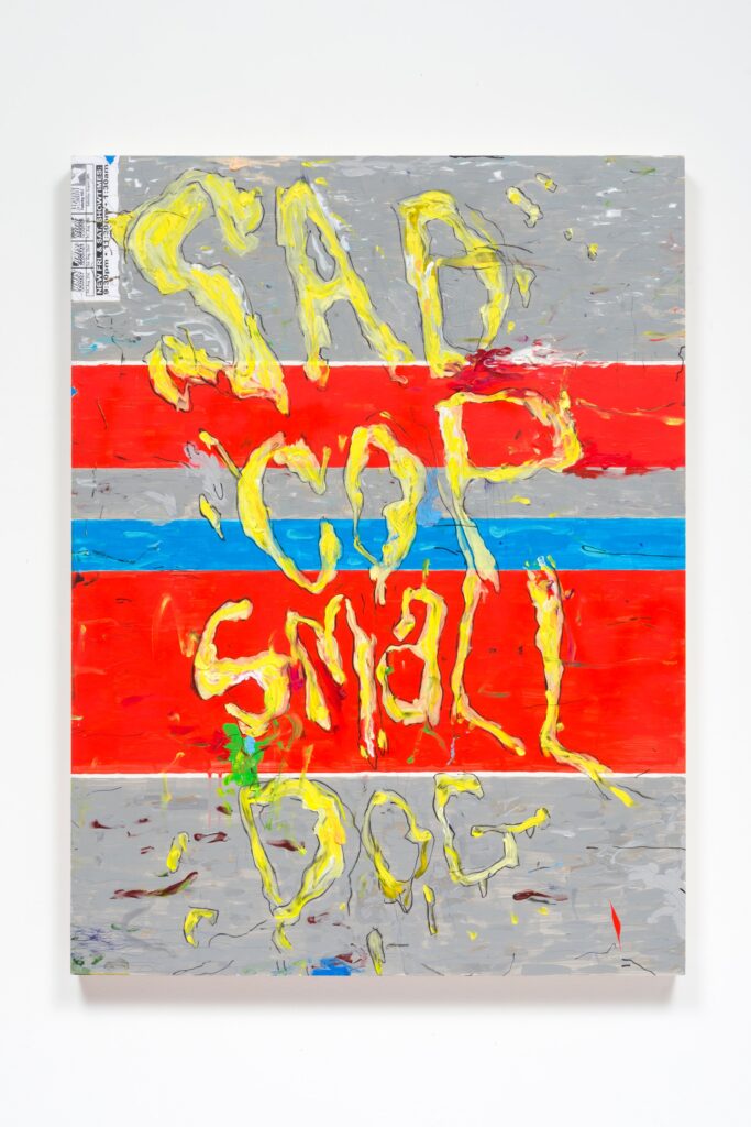 This image depicts an artwork by Pope.L titled "Sad Cop Small Dog." This artwork was created in 2016 and measures 48" x 36" [HxW] (121.92 x 91.44 cm). Its medium is Acrylic, oil, ballpoint, charcoal, marker, tape on panel.