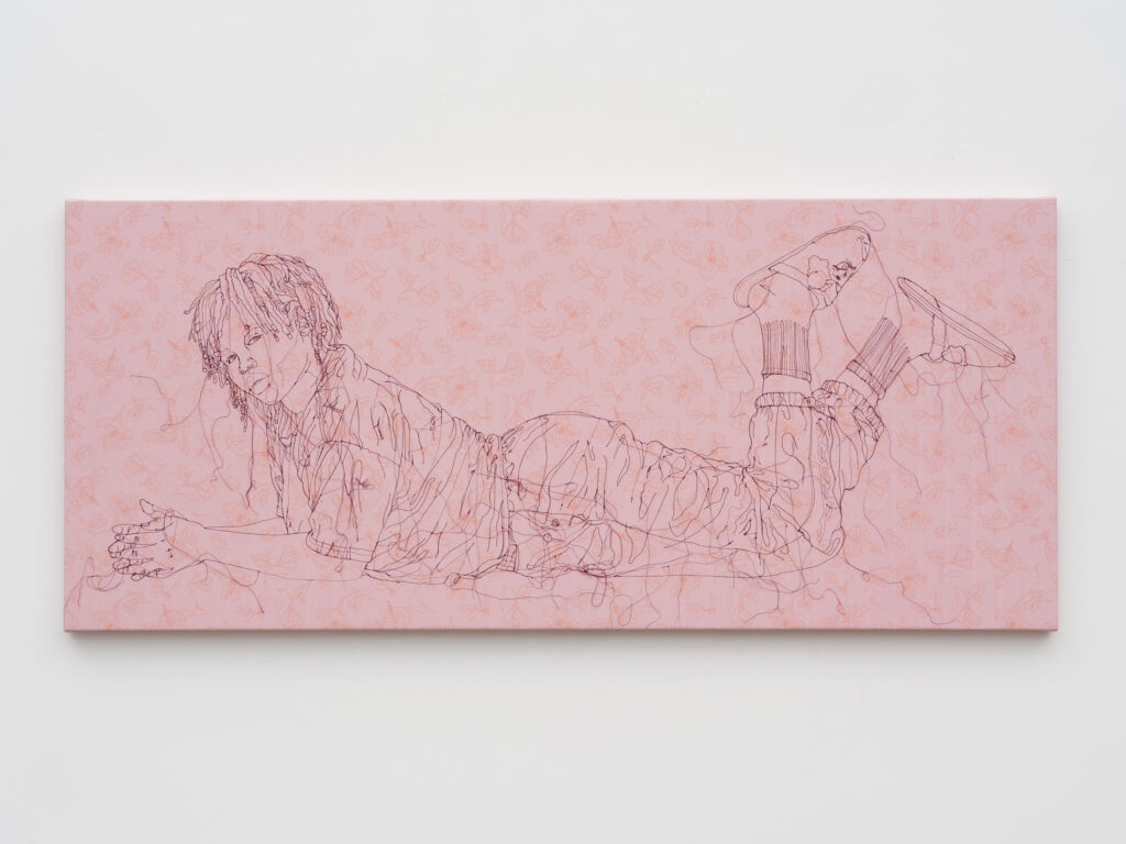 This image depicts an artwork by Gio Swaby titled "Untitled: Zaneta." This artwork was created in 2025 and measures 33" x 76" x 1 ¹⁄₂" [HxWxD] (83.82 x 193.04 x 3.81 cm). Its medium is Cotton fabric and cotton thread stitched onto canvas.