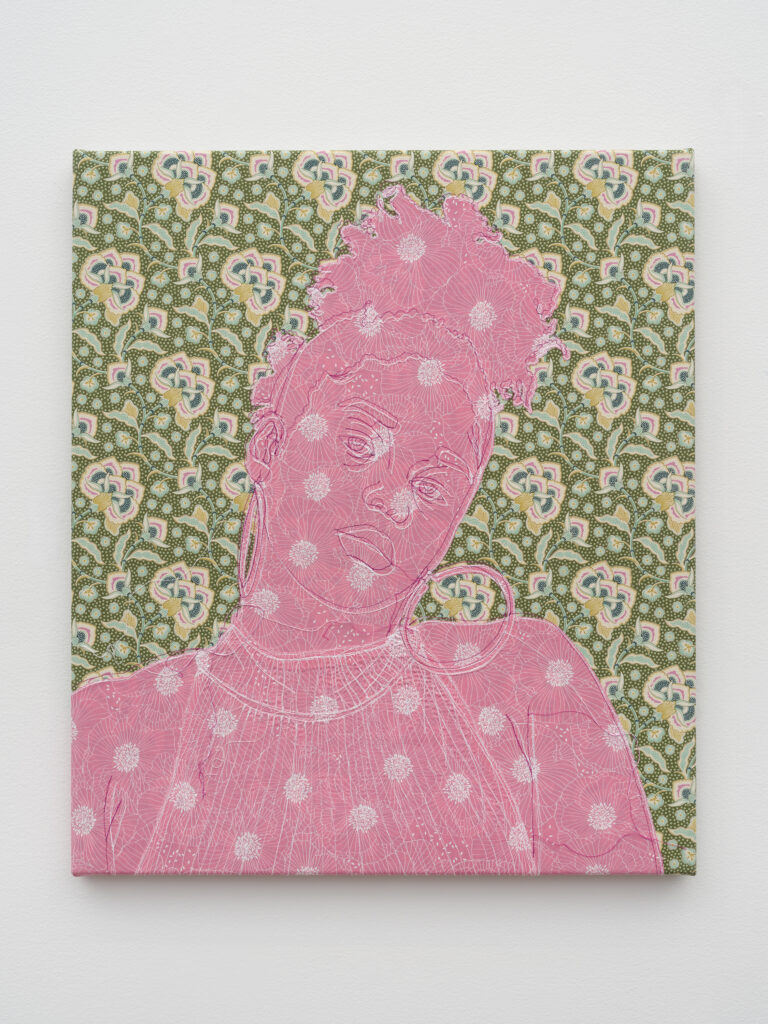 This image depicts an artwork by Gio Swaby titled "Self Portrait 1." This artwork was created in 2025 and measures 28" x 24" x 1" [HxWxD] (71.12 x 60.96 x 2.54 cm). Its medium is Cotton fabric and cotton thread stitched onto canvas.