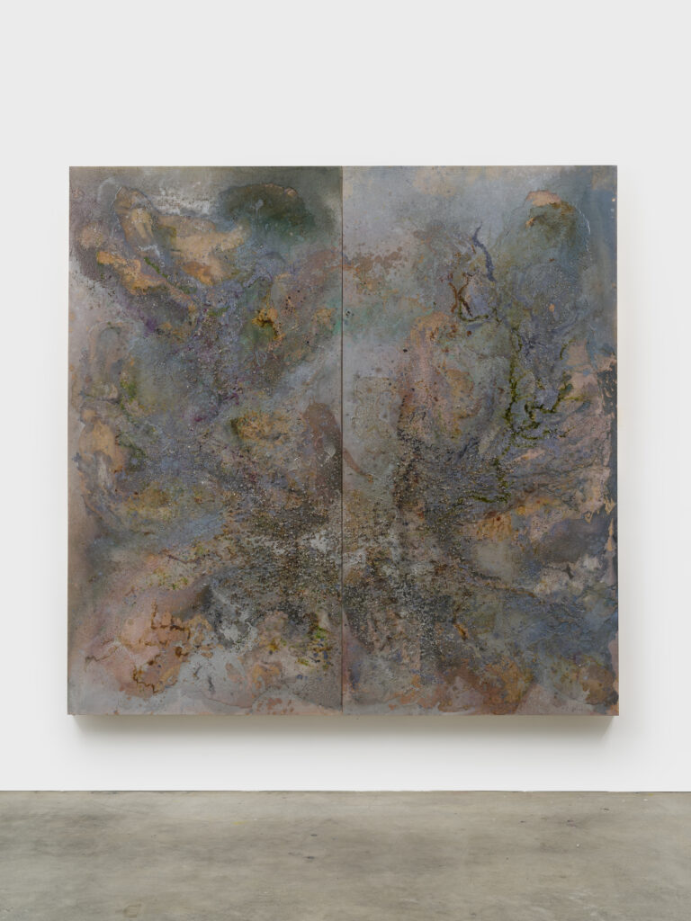 This image depicts an artwork by Tonia Calderon titled "No one taught me I’d be wrong. Over and over, again.." This artwork was created in 2025 and measures 96" x 96" [HxW] (243.84 x 243.84 cm). Its medium is Acrylic, floral pigment, ink, fuel, sand, glass and resin on panel.