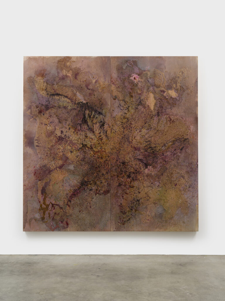This image depicts an artwork by Tonia Calderon titled "Running out of faith. Perhaps we know too much.." This artwork was created in 2025 and measures 96" x 96" [HxW] (243.84 x 243.84 cm). Its medium is Acrylic, floral pigment, ink, fuel, sand, glass and resin on panel.