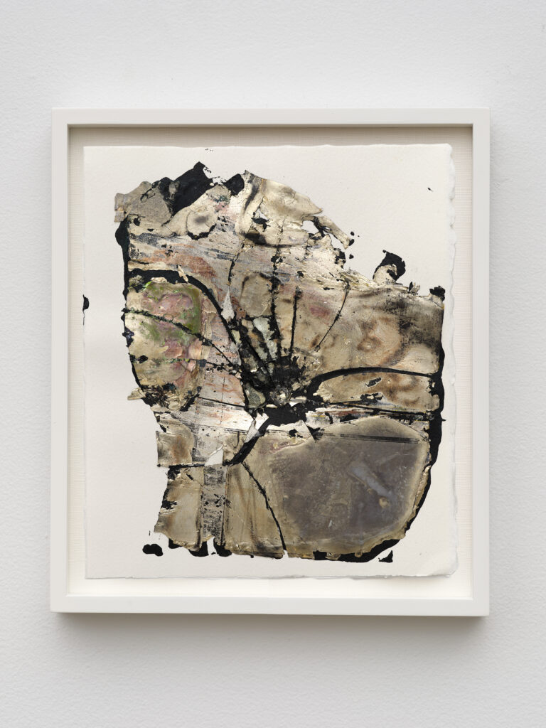 This image depicts an artwork by Edgar Arceneaux titled "Shards (July 11, 2024)." This artwork was created in 2024 and measures 10" x 8 ¹⁄₂" [HxW] (25.4 x 21.59 cm). Its medium is Acrylic paint, silver nitrate, glass on paper.