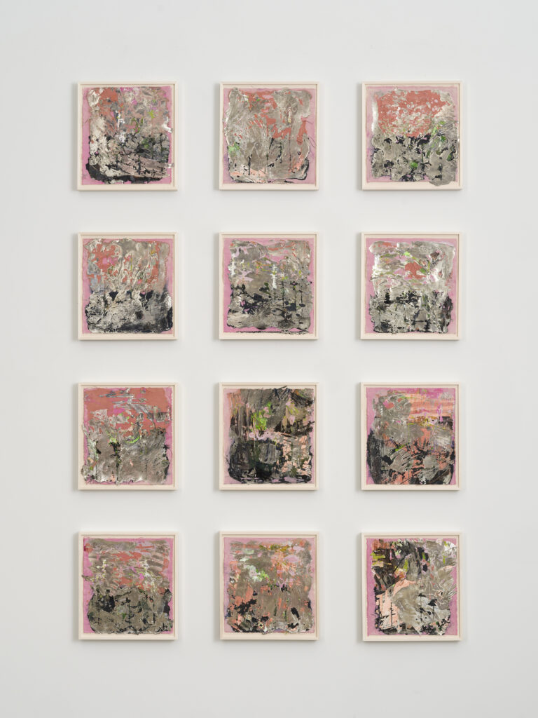 This image depicts an artwork by Edgar Arceneaux titled "Cohesion Sketches #1-12 (March 2025)." This artwork was created in 2025 and measures 14" x 13" [HxW] (35.56 x 33.02 cm) each15 ¹⁄₄" x 14 ¹⁄₄" x 1 ¹⁄₂" [HxWxD] (38.73 x 36.19 x 3.81 cm) framed. Its medium is Silver nitrate, acrylic paint on canvas, mounted on panel.