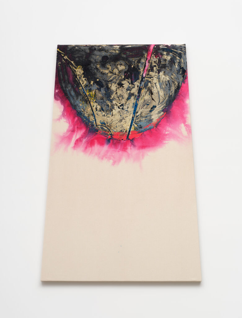 This image depicts an artwork by Edgar Arceneaux titled "Belly Painting #2." This artwork was created in 2025 and measures 68" x 47" [HxW] (172.72 x 119.38 cm). Its medium is Silver nitrate, acrylic paint on canvas.