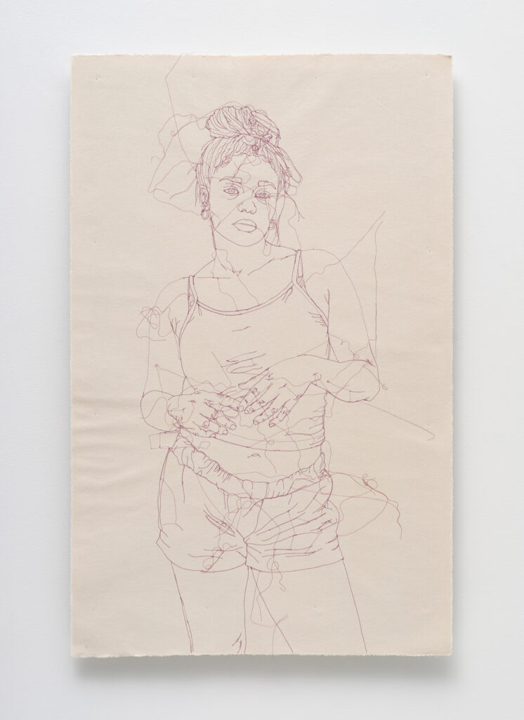 This image depicts an artwork by Gio Swaby titled "Extremely and Uncritically Fond of You 3." This artwork was created in 2025 and measures 48" x 31" [HxW] (121.92 x 78.74 cm). Its medium is Cotton fabric and cotton thread stitched onto canvas.
