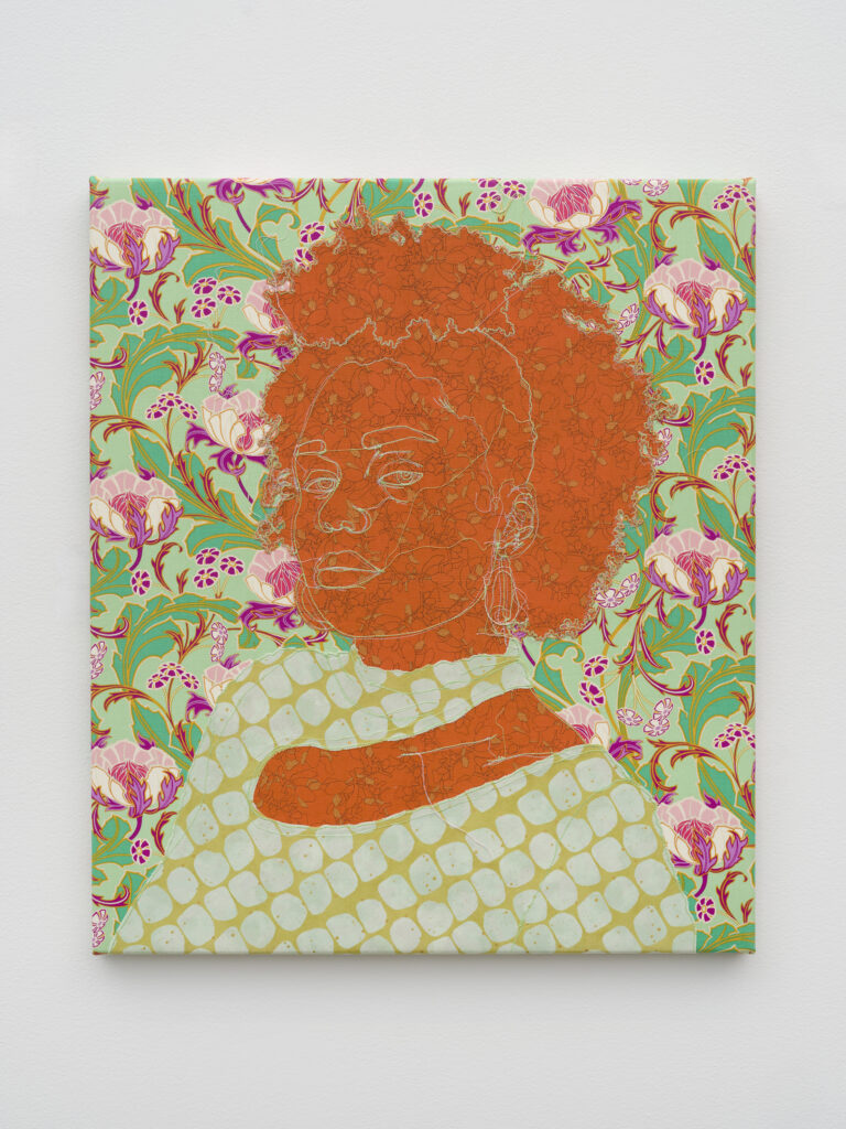 This image depicts an artwork by Gio Swaby titled "Hi-Vis 5." This artwork was created in 2025 and measures 28" x 24" x 1" [HxWxD] (71.12 x 60.96 x 2.54 cm). Its medium is Cotton fabric and cotton thread stitched onto canvas.