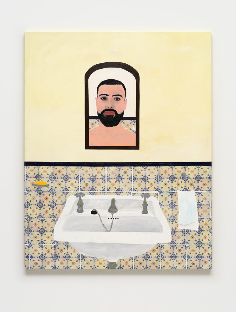 This image depicts an artwork by Kiriakos Tompolidis titled "Self Portrait in Bathroom Mirror." This artwork was created in 2023 and measures 55 ¹⁄₈" x 43 ⁵⁄₁₆" x 1" [HxWxD] (140.01 x 110.01 x 2.54 cm). Its medium is Acrylic, oil and photo transfer on canvas.
