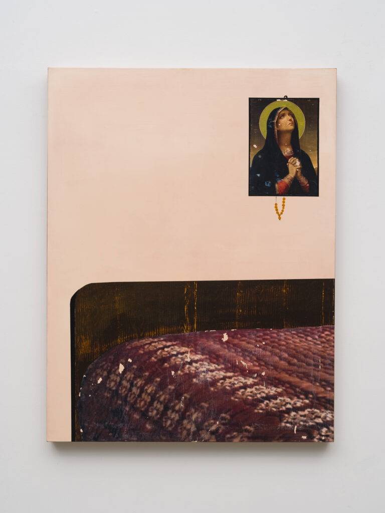 This image depicts an artwork by Kiriakos Tompolidis titled "Maria." This artwork was created in 2023 and measures 51 ³⁄₁₆" x 39 ³⁄₈" x 2 ¹⁄₂" [HxWxD] (130.05 x 100 x 6.35 cm). Its medium is Acrylic, oil and photo transfer on canvas.