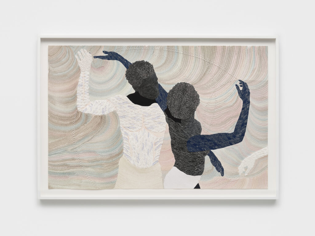 This image depicts an artwork by Nate Lewis titled "Syncopated Current II." This artwork was created in 2024 and measures 26" x 40" [HxW] (66.04 x 101.6 cm)30" x 44" x 2" [HxWxD] (76.2 x 111.76 x 5.08 cm) framed. Its medium is Hand sculpted inkjet print and ink on paper.