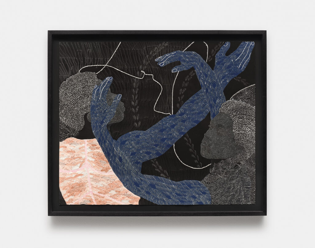 This image depicts an artwork by Nate Lewis titled "Syncopated Current X." This artwork was created in 2024 and measures 20" x 24" [HxW] (50.8 x 60.96 cm)23" x 27" x 2" [HxWxD] (58.42 x 68.58 x 5.08 cm) framed. Its medium is Hand sculpted inkjet print, ink, graphite, frottage of musical score on paper.