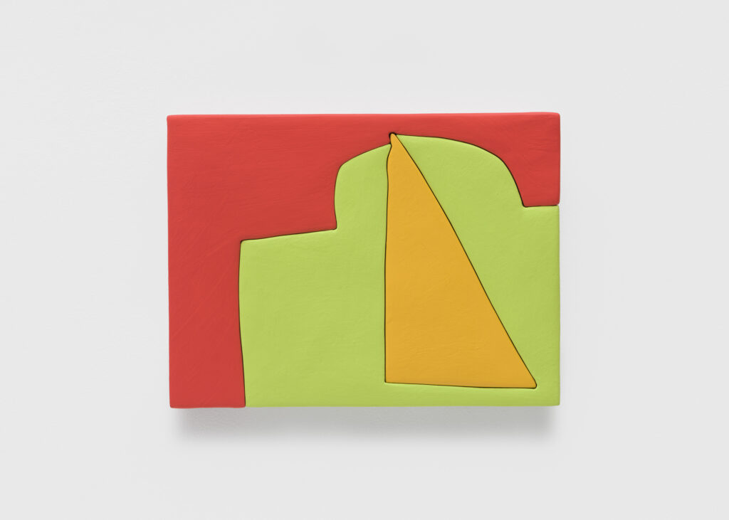 This image depicts an artwork by Sadie Benning titled "12 x 16, O." This artwork was created in 2023-2024 and measures 12" x 16" [HxW] (30.48 x 40.64 cm). Its medium is Wood, aqua resin, casein, and acrylic gouache.