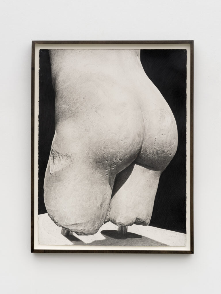 This image depicts an artwork by Karl Haendel titled "Great Ass at The Met 9." This artwork was created in 2024 and measures 30" x 22" [HxW] (76.2 x 55.88 cm)32 ³⁄₈" x 24 ³⁄₄" x 1 ³⁄₄" [HxWxD] (82.23 x 62.86 x 4.44 cm) framed. Its medium is Pencil on paper.