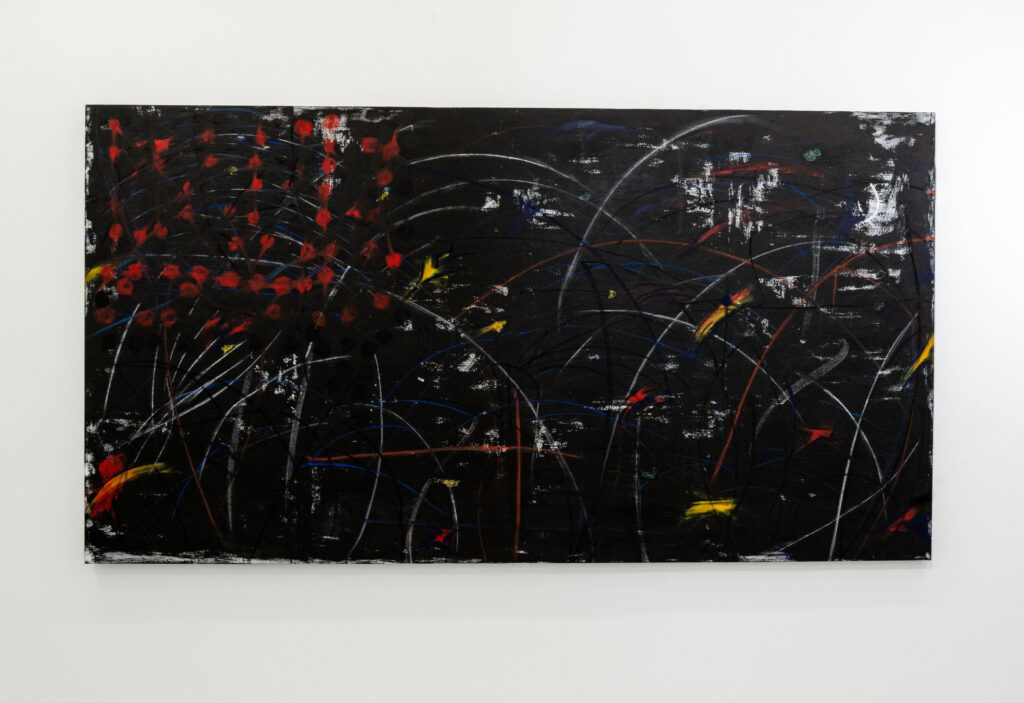 This image depicts an artwork by Muna Malik titled "Dark Times." This artwork was created in 2022 and measures 53 ¹⁄₂" x 100 ¹⁄₈" [HxW] (135.89 x 254.31 cm). Its medium is Acrylic, pastel, charcoal on canvas.