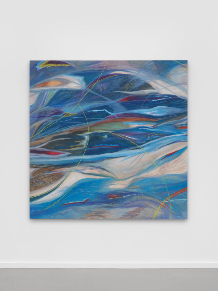 This image depicts an artwork by Muna Malik titled "Mapping Flow." This artwork was created in 2023 and measures 67" x 65" [HxW] (170.18 x 165.1 cm). Its medium is Oil, charcoal, oil pastel, soft pastel.