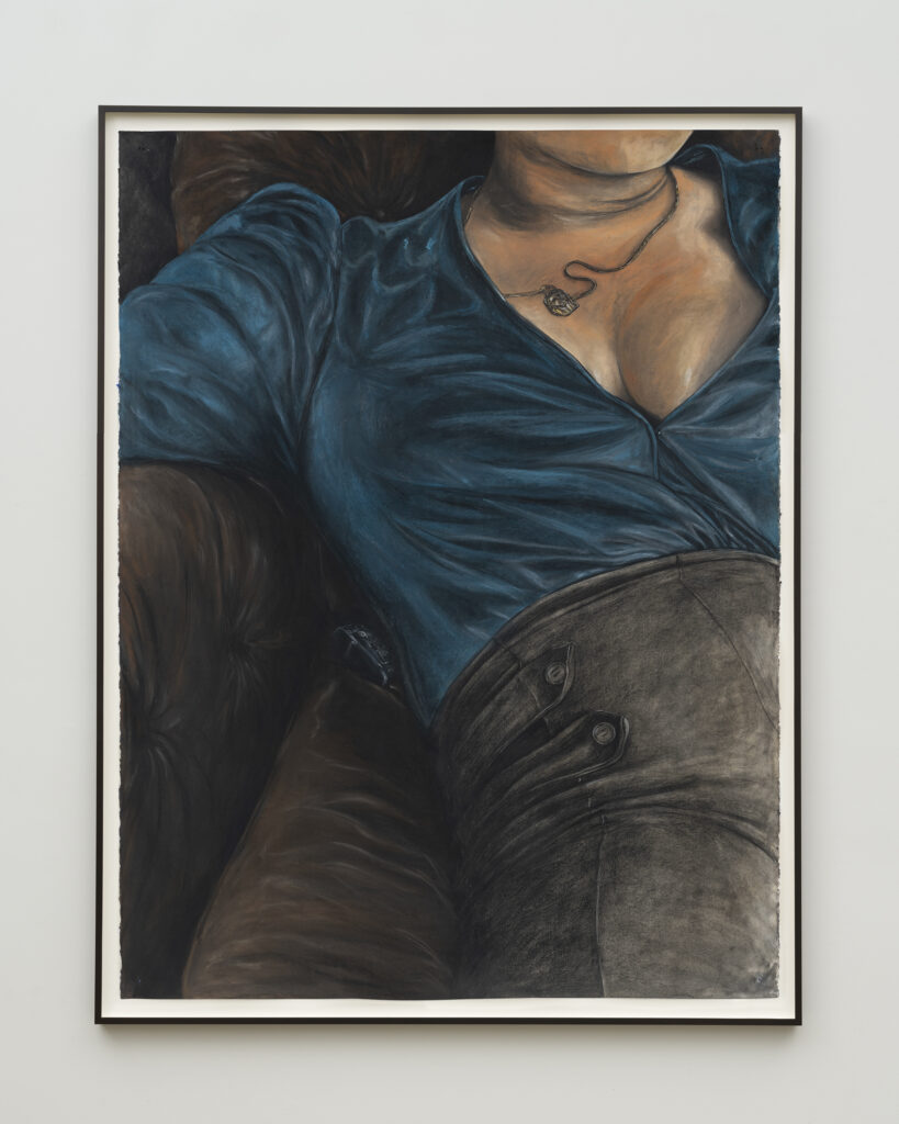 This image depicts an artwork by Robert Pruitt titled "Girl from Texas." This artwork was created in 2025 and measures 50" x 38" [HxW] (127 x 96.52 cm) unframed; 55" x 43" x 2" [HxWxD] (139.69 x 109.22 x 5.08 cm) framed. Its medium is Charcoal, Conté, pastel, coffee wash on paper.