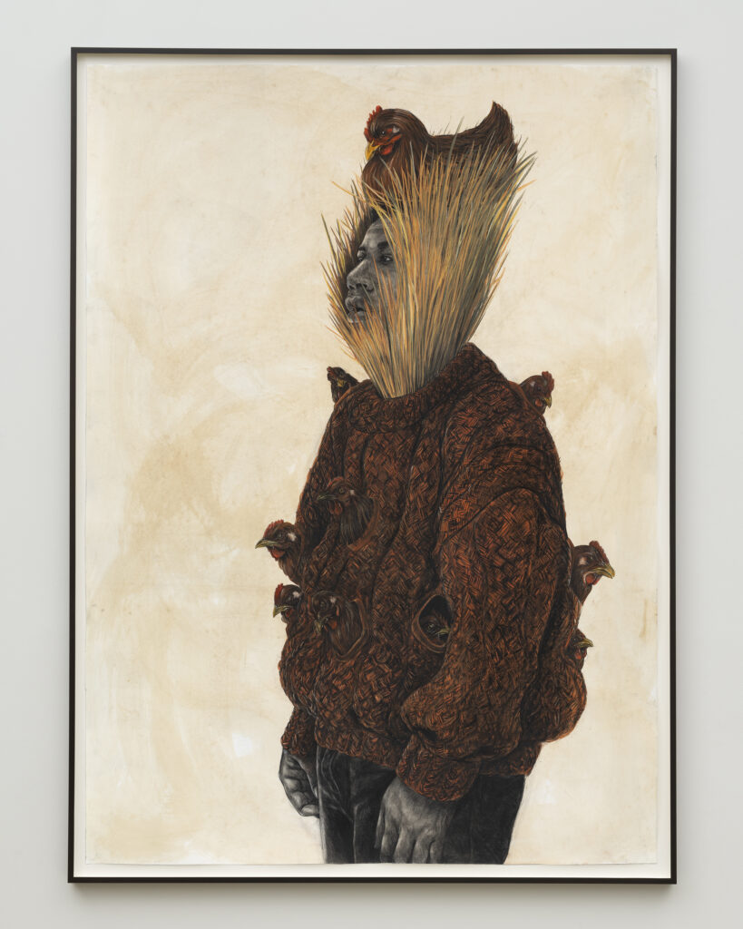 This image depicts an artwork by Robert Pruitt titled "Fertility Figure." This artwork was created in 2025 and measures 84" x 60" [HxW] (213.36 x 152.4 cm) unframed89" x 65" x 2" [HxWxD] (226.06 x 165.1 x 5.08 cm) framed. Its medium is Charcoal, Conté, pastel, coffee wash on paper.