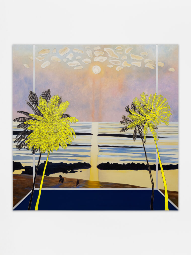 This image depicts an artwork by Whitney Bedford titled "Veduta (Vallotton White Yellow)." This artwork was created in 2025 and measures 96" x 96" x 2" [HxWxD] (243.84 x 243.84 x 5.08 cm). Its medium is Ink and oil on nylinen on panel.