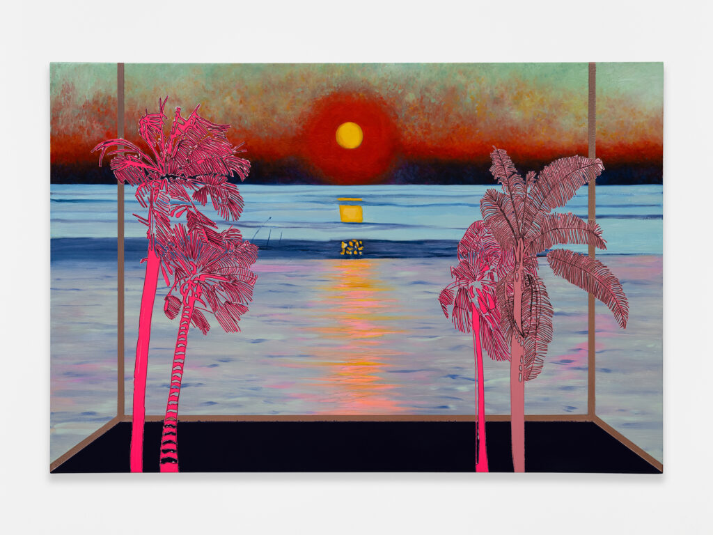This image depicts an artwork by Whitney Bedford titled "Veduta (Vallotton Sunset Beached Boat)." This artwork was created in 2025 and measures 24" x 36" x 2" [HxWxD] (60.96 x 91.44 x 5.08 cm). Its medium is Ink and oil on nylinen on panel.