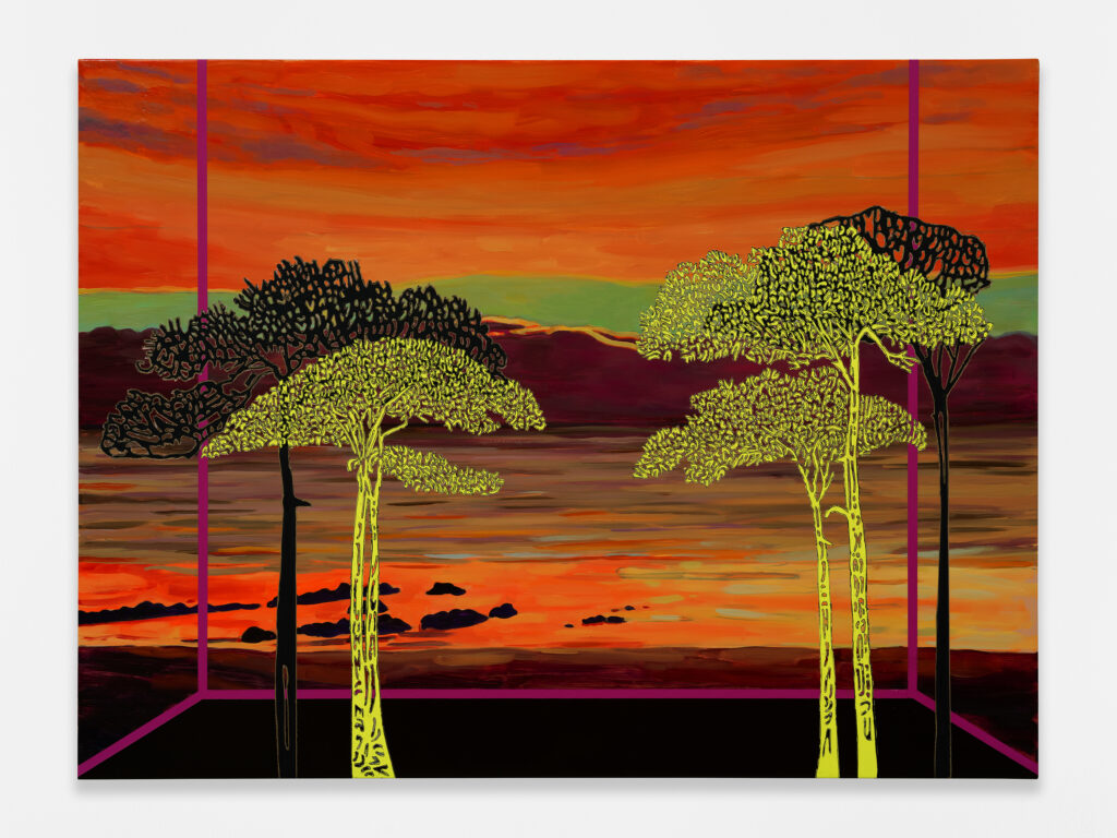 This image depicts an artwork by Whitney Bedford titled "Veduta (Vallotton Yellow Green Sunset)." This artwork was created in 2025 and measures 36" x 48" x 2" [HxWxD] (91.44 x 121.92 x 5.08 cm). Its medium is Ink and oil on nylinen on panel.