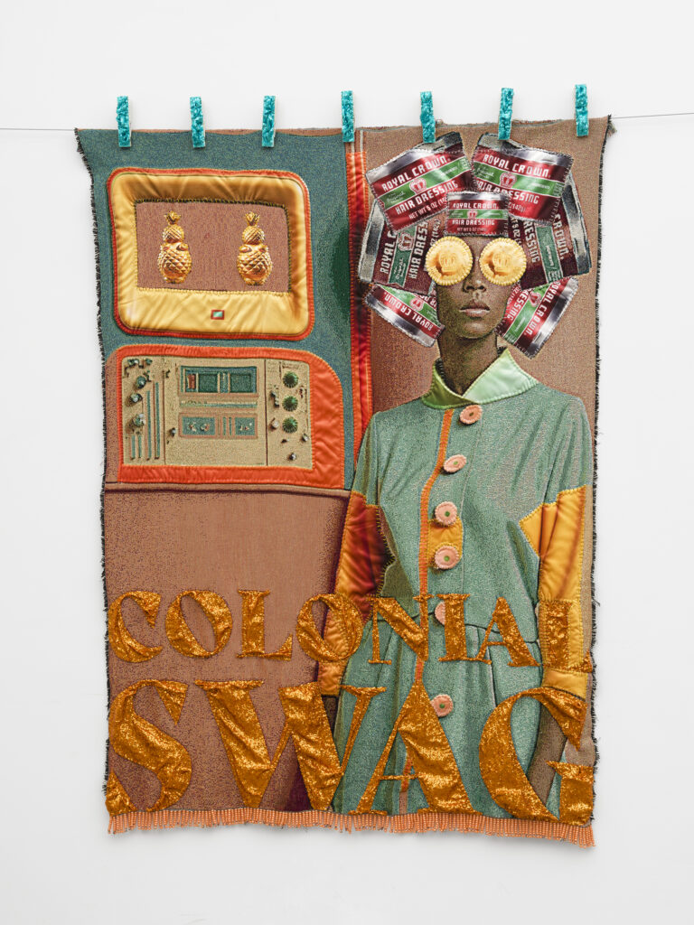 This image depicts an artwork by April Bey titled "Bitch, We Don't Want the Recipe to Your Mom Peach Cobbler Bitch." This artwork was created in 2024 and measures 80" x 60" [HxW] (203.2 x 152.4 cm). Its medium is Jacquard woven textiles, with hand-sewn fabric, sequins, beads with custom clothes pins.