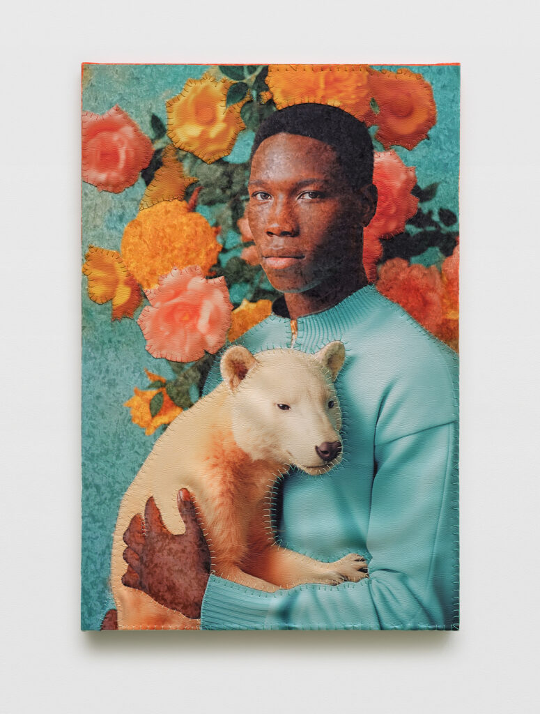 This image depicts an artwork by April Bey titled "A Fly Perched on the Scrotum is Gently Nudged Off, NEVER Struck!." This artwork was created in 2025 and measures 36" x 24" [HxW] (91.44 x 60.96 cm). Its medium is Leather, crushed velvet, brocade fabric, metallic sequins, with metallic thread on stretched canvas.