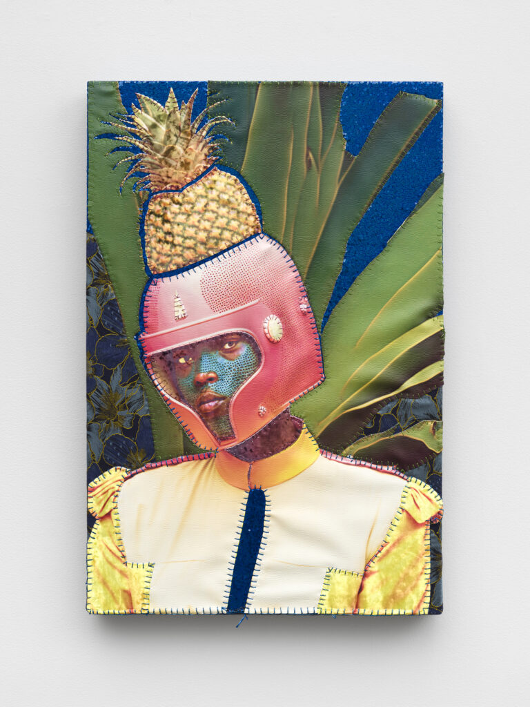 This image depicts an artwork by April Bey titled "Pineapple Portal Grower 9068." This artwork was created in 2025 and measures 36" x 24" [HxW] (91.44 x 60.96 cm). Its medium is Leather, crushed velvet, brocade fabric with metallic thread.