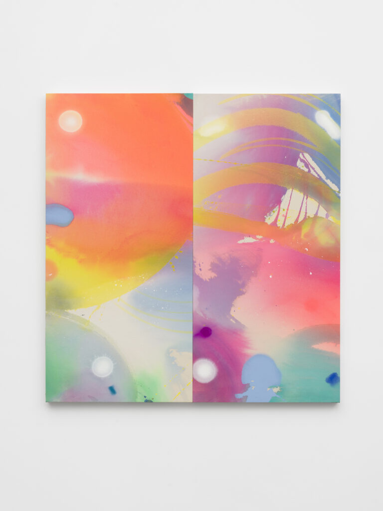 This image depicts an artwork by Kim DeJesus titled "Goldbones bend in light." This artwork was created in 2025 and measures 59" x 56" [HxW] (149.86 x 142.24 cm). Its medium is Acrylic and mixed-media on canvas.