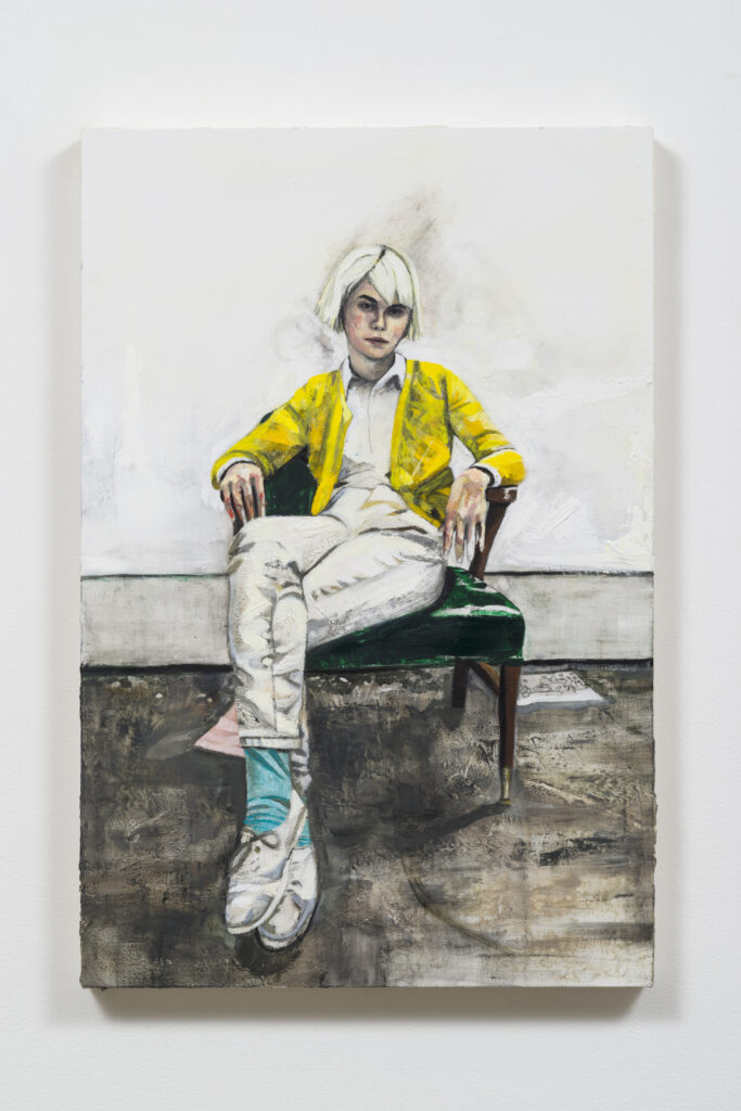 This image depicts an artwork by Raffi Kalenderian titled "Study for Dasha (Yellow Cardigan)." This artwork was created in 2016 and measures 36" H x 24" W (91.44 cm H x 60.96 cm W). Its medium is Oil on canvas.