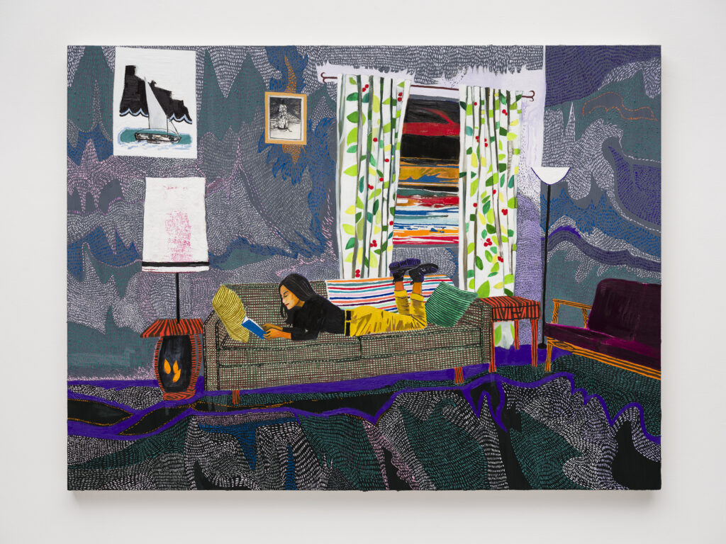 This image depicts an artwork by Raffi Kalenderian titled "Alyssa Reading." This artwork was created in 2020 and measures 60" x 80" [HxW] (152.4 x 203.2 cm). Its medium is Oil on canvas.
