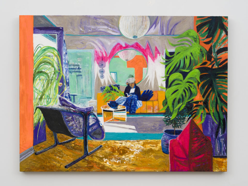 This image depicts an artwork by Raffi Kalenderian titled "Chelito Reading." This artwork was created in 2022-2023 and measures 36" x 48" [HxW] (91.44 x 121.92 cm). Its medium is Oil, ink, colored pencil on linen.