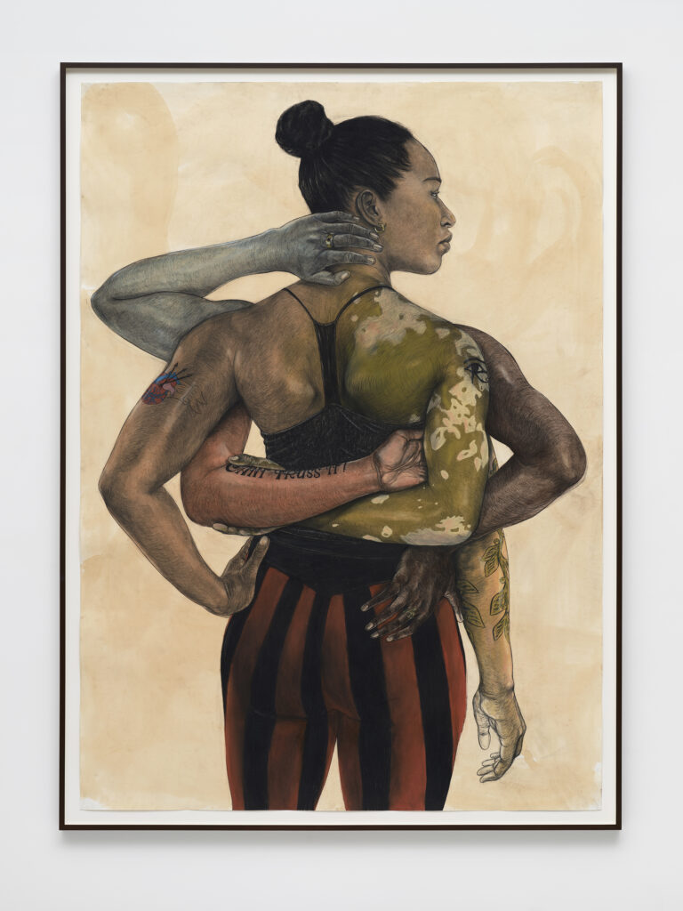 This image depicts an artwork by Robert Pruitt titled "E Unum Pluribus." This artwork was created in 2025 and measures 88" x 64 ¹⁄₂" x 2" [HxWxD] (223.52 x 163.83 x 5.08 cm) framed84" x 60" [HxW] (213.36 x 152.4 cm) unframed. Its medium is Charcoal, Conté, pastel, coffee wash on paper.