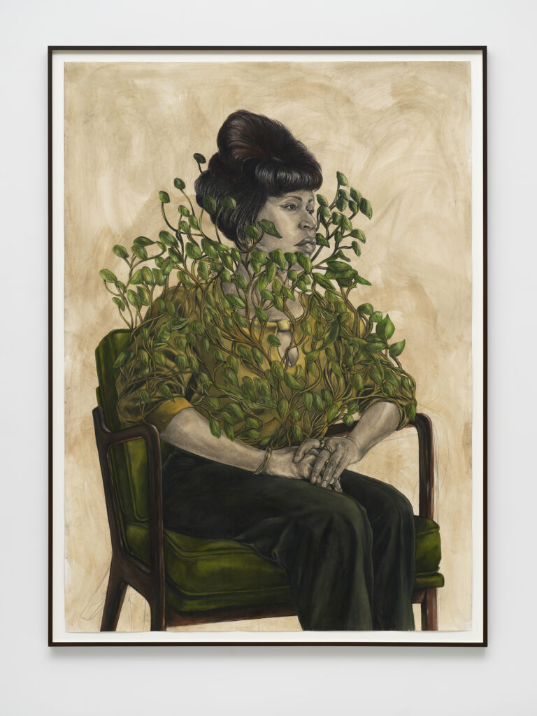 This image depicts an artwork by Robert Pruitt titled "Woman with Lizards." This artwork was created in 2025 and measures 88" x 64 ¹⁄₂" x 2" [HxWxD] (223.52 x 163.83 x 5.08 cm) framed84" x 60" [HxW] (213.36 x 152.4 cm) unframed. Its medium is Charcoal, Conté, pastel, coffee wash on paper.