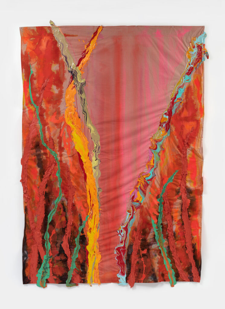 This image depicts an artwork by Rodney McMillian titled "Untitled (pink sky) III." This artwork was created in 2021 - 2023 and measures 93" x 64 ¹⁄₂" [HxW] (236.22 x 163.83 cm). Its medium is Latex and acrylic on bedsheet.