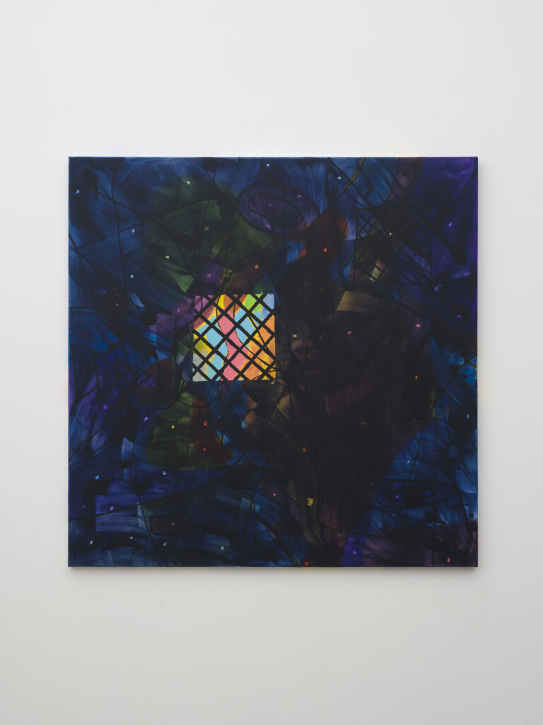 This image depicts an artwork by Tariku Shiferaw titled "Defiant Imaginations." This artwork was created in 2025 and measures 60" x 60" x 2" [HxWxD] (152.4 x 152.4 x 5.08 cm). Its medium is Acrylic on canvas.