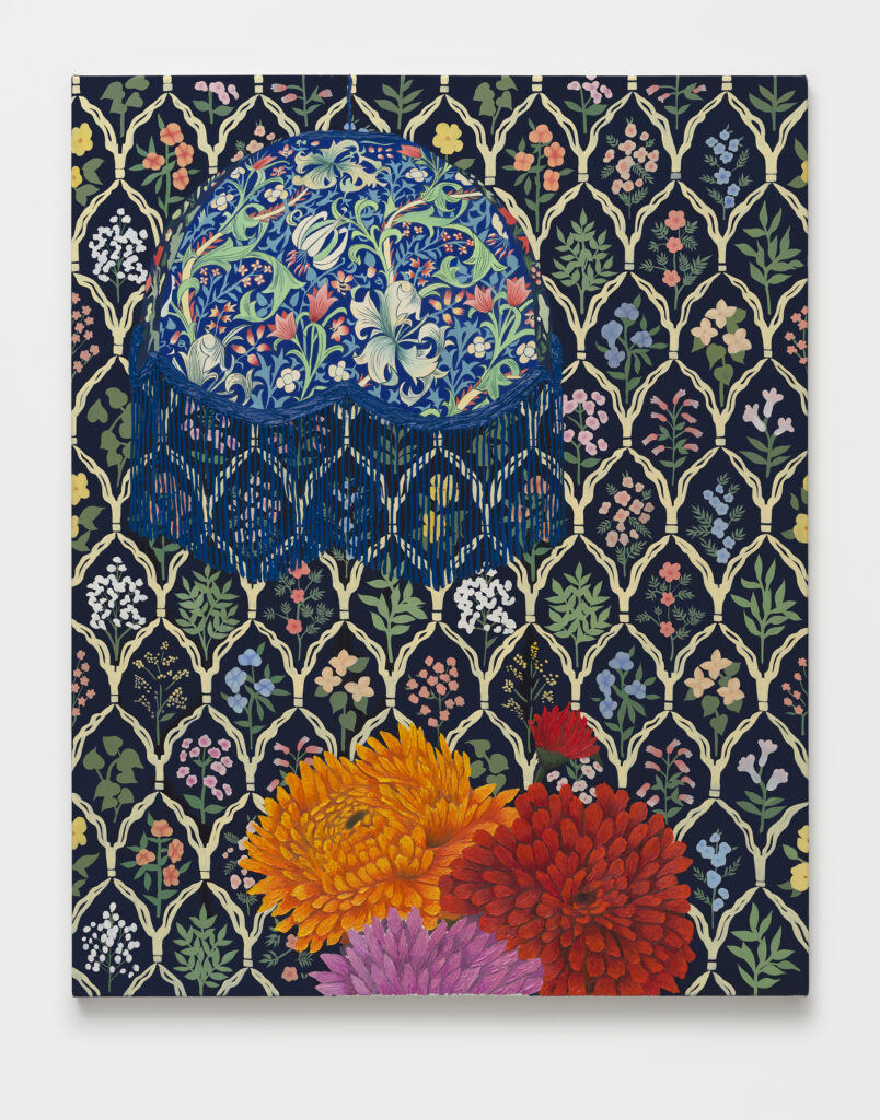 This image depicts an artwork by Alec Egan titled "Hanging Lamp with Flowers." This artwork was created in 2025 and measures 60" x 48" [HxW] (152.4 x 121.92 cm). Its medium is Oil and flashe on canvas.