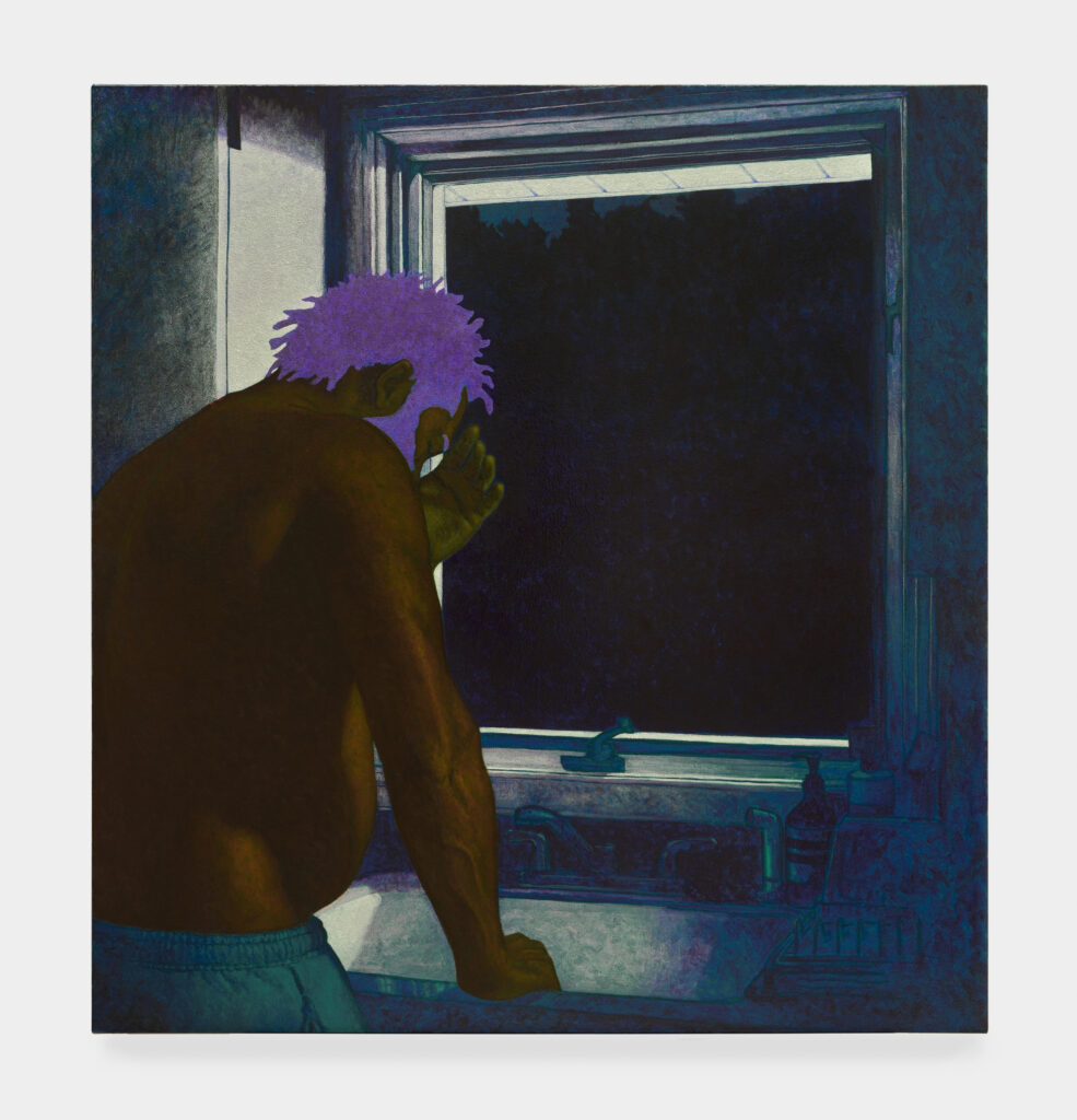 This image depicts an artwork by Arcmanoro Niles titled "Learning about Letting Go (Times ain’t What I’d Thought They’d be)." This artwork was created in 2025 and measures 45 ¹⁄₂" x 43 ¹⁄₂" [HxW] (115.57 x 110.49 cm). Its medium is Oil and acrylic on canvas.