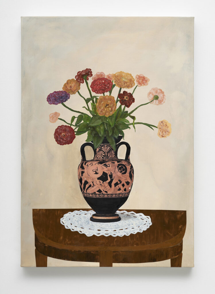 This image depicts an artwork by Kiriakos Tompolidis titled "Echoes of Spring." This artwork was created in 2025 and measures 31 ²⁹⁄₃₂" x 21 ¹¹⁄₁₆" x 1 ¹⁹⁄₃₂" [HxWxD] (81 x 55 x 4 cm). Its medium is Oil and photo transfer on linen.