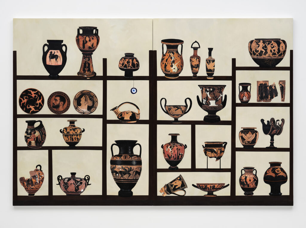 This image depicts an artwork by Kiriakos Tompolidis titled "Self portrait with 28." This artwork was created in 2025 and measures Overall: 78 ³⁄₄" x 118 ¹⁄₈" x 1 ¹⁹⁄₃₂" [HxWxD] (200 x 300 x 4 cm)78 ³⁄₄" x 59 ¹⁄₁₆" x 1 ¹⁹⁄₃₂" [HxWxD] (200 x 150 x 4 cm) each. Its medium is Oil, acrylic and photo transfer on linen.