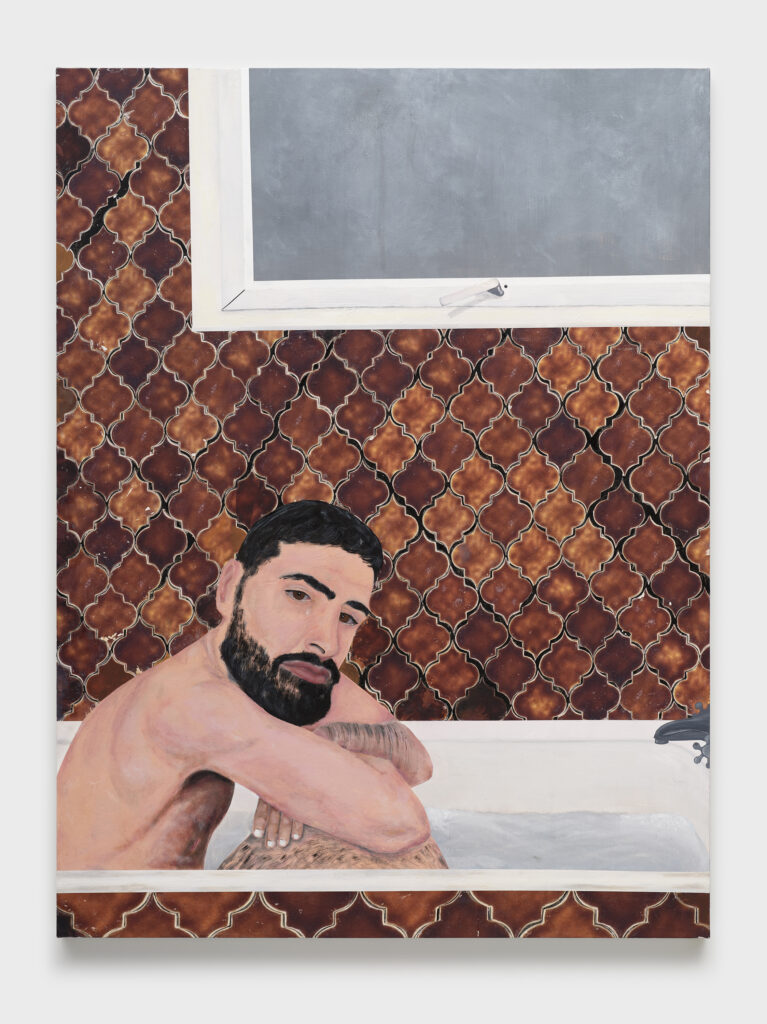 This image depicts an artwork by Kiriakos Tompolidis titled "Silent Sadness." This artwork was created in 2025 and measures 63" x 47 ¹⁄₄" x 1 ¹⁹⁄₃₂" [HxWxD] (160 x 120 x 4 cm). Its medium is Oil and photo transfer on linen.