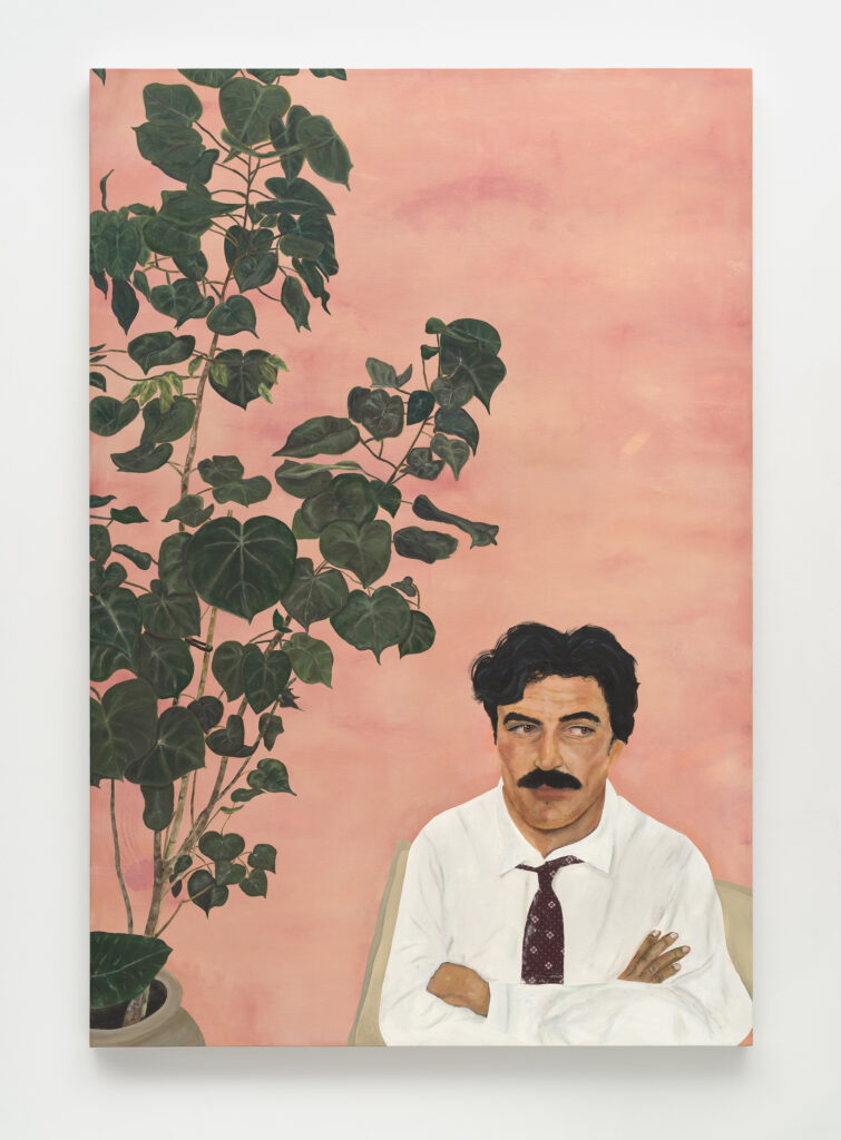 This image depicts an artwork by Kiriakos Tompolidis titled "Conversations without words." This artwork was created in 2025 and measures 66 ¹⁵⁄₁₆" x 45 ⁹⁄₃₂" x 1 ⁵⁄₈" [HxWxD] (170 x 115.01 x 4.12 cm). Its medium is Oil and photo transfer on canvas.