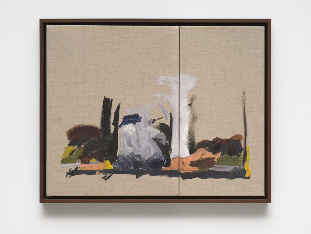 This image depicts an artwork by Sara Marlowe Hall titled "Untitled." This artwork was created in 2025 and measures 19 ³⁄₈" x 24 ⁵⁄₈" x 2" [HxWxD] (49.21 x 62.54 x 5.08 cm) framed. Its medium is Acrylic, oil, mixed media on canvas.